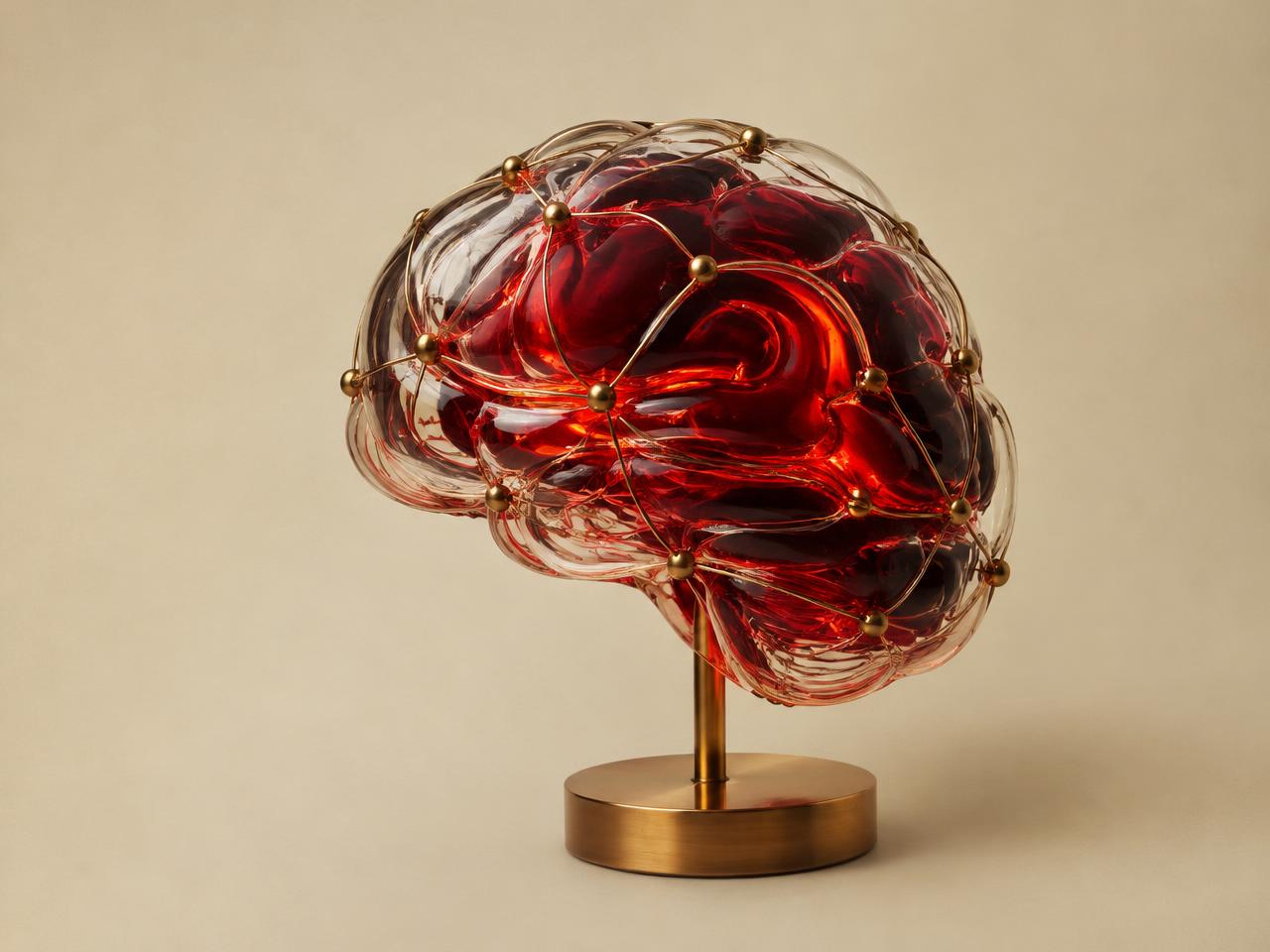 Glass neural sculpture glowing oxblood red on a brass stand