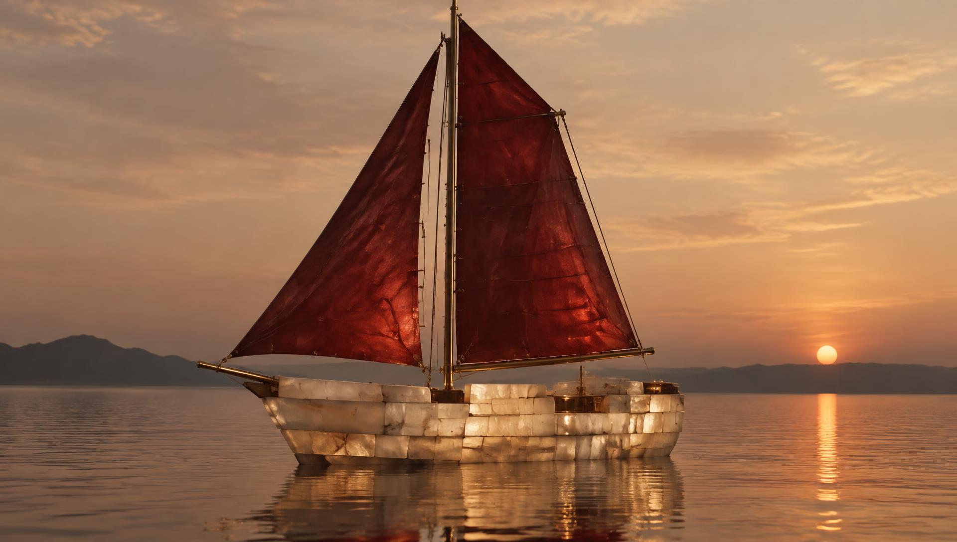 Sailboat built from stone blocks with oxblood sails at sunset
