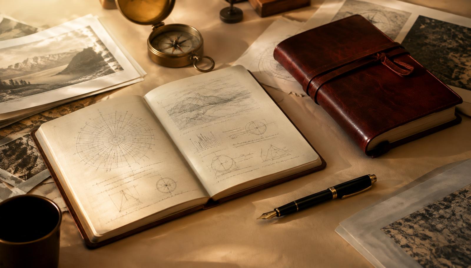 Research notebooks, compass and leather journal on a desk